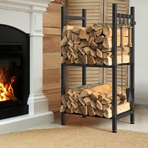NANANARDOSO Firewood Rack Holder, Fire Wood Log Storage Stand with Kindling Holder for Indoor Fireplace, Outdoor Patio Fire Pit Stove, Fireplace Tools, Fire Wood Racks with 4 Hanging Hooks