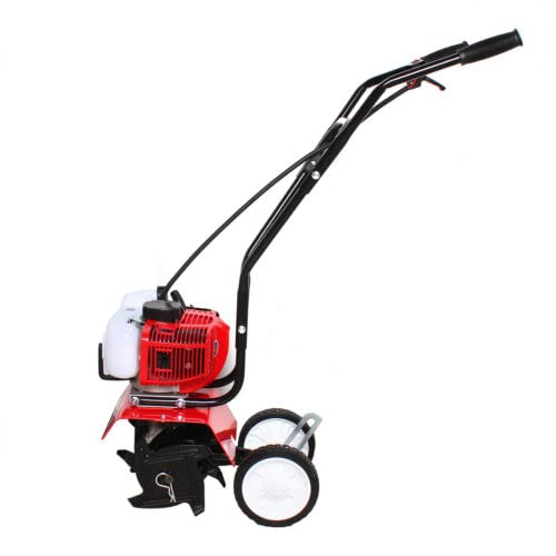 Mini Tiller Cultivator 52cc 2-Stroke Rototiller Garden Tiller Mini Cultivator with Wheels Soil Cultivator 1.9KW for Garden Lawn Digging Soil Cultivation