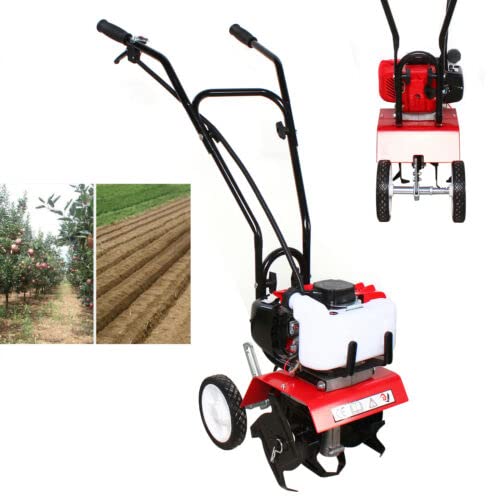 Mini Tiller Cultivator 52cc 2-Stroke Rototiller Garden Tiller Mini Cultivator with Wheels Soil Cultivator 1.9KW for Garden Lawn Digging Soil Cultivation