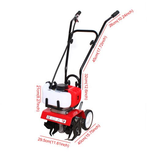 Mini Tiller Cultivator 52cc 2-Stroke Rototiller Garden Tiller Mini Cultivator with Wheels Soil Cultivator 1.9KW for Garden Lawn Digging Soil Cultivation