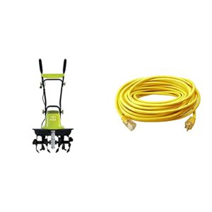 sun joe tj604e 16-inch 13.5 amp electric garden tiller/cultivator,black & southwire 2589 100-ft 12/3 sjtw outdoor, heavy duty 3 prong power, 100 ft, yellow