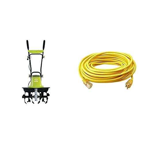 Sun Joe TJ604E 16-Inch 13.5 AMP Electric Garden Tiller/Cultivator,Black & Southwire 2589 100-ft 12/3 SJTW Outdoor, Heavy Duty 3 Prong Power, 100 ft, Yellow