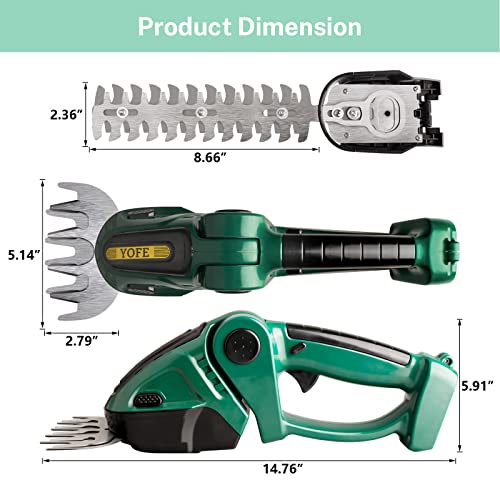 2-in-1Cordless Grass Shears, 21V Handheld Electric Mini Hedge Trimmer Cordless, 2000RPM Grass Trimmer Hedge Cutter Clippers with 1.5Ah Rechargeable Battery & Charger Included for Patio Lawn Garden