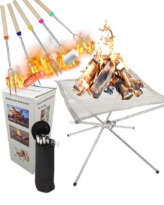 naceture 22 inch portable outdoor fire pit – portable fire pit collapsing stainless steel mesh fireplace foldable – camping gear for patio, backyard and garden add 5 pack roasting sticks