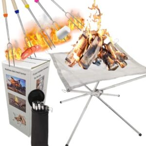 NACETURE 22 Inch Portable Outdoor Fire Pit - Portable Fire Pit Collapsing Stainless Steel Mesh Fireplace Foldable - Camping Gear for Patio, Backyard and Garden add 5 Pack Roasting Sticks