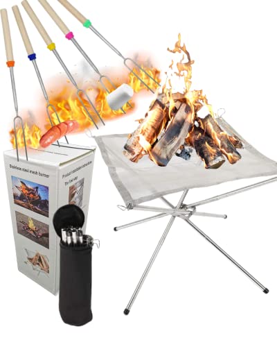 NACETURE 22 Inch Portable Outdoor Fire Pit - Portable Fire Pit Collapsing Stainless Steel Mesh Fireplace Foldable - Camping Gear for Patio, Backyard and Garden add 5 Pack Roasting Sticks