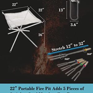 NACETURE 22 Inch Portable Outdoor Fire Pit - Portable Fire Pit Collapsing Stainless Steel Mesh Fireplace Foldable - Camping Gear for Patio, Backyard and Garden add 5 Pack Roasting Sticks