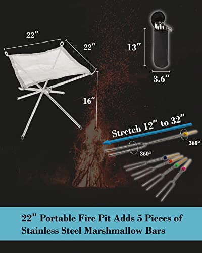 NACETURE 22 Inch Portable Outdoor Fire Pit - Portable Fire Pit Collapsing Stainless Steel Mesh Fireplace Foldable - Camping Gear for Patio, Backyard and Garden add 5 Pack Roasting Sticks