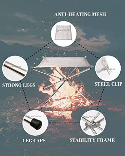 NACETURE 22 Inch Portable Outdoor Fire Pit - Portable Fire Pit Collapsing Stainless Steel Mesh Fireplace Foldable - Camping Gear for Patio, Backyard and Garden add 5 Pack Roasting Sticks