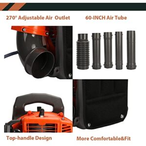 1.25 KW Leaf Blower Backpack Style 52 Cubic Centimeter 550 CFM Adjustable Tube Gas Powered Dust Blower Supplies Gasoline Blower for Garden Lawn Care Orange