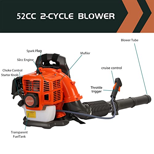 1.25 KW Leaf Blower Backpack Style 52 Cubic Centimeter 550 CFM Adjustable Tube Gas Powered Dust Blower Supplies Gasoline Blower for Garden Lawn Care Orange