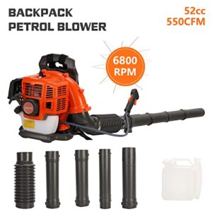 1.25 KW Leaf Blower Backpack Style 52 Cubic Centimeter 550 CFM Adjustable Tube Gas Powered Dust Blower Supplies Gasoline Blower for Garden Lawn Care Orange