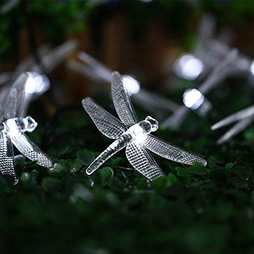 CIAOYE Dragonfly Solar String Lights, 30 LED 21ft 8 Modes Solar Powered Outdoor Waterproof Fairy Lighting for Christmas Trees Garden Patio Fence Wedding Party Decor, White