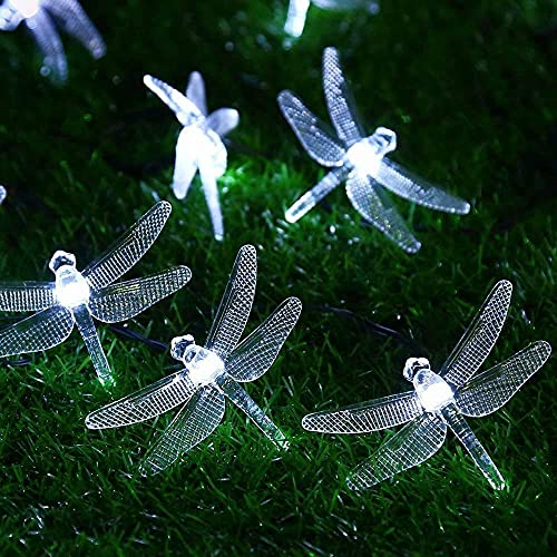 CIAOYE Dragonfly Solar String Lights, 30 LED 21ft 8 Modes Solar Powered Outdoor Waterproof Fairy Lighting for Christmas Trees Garden Patio Fence Wedding Party Decor, White