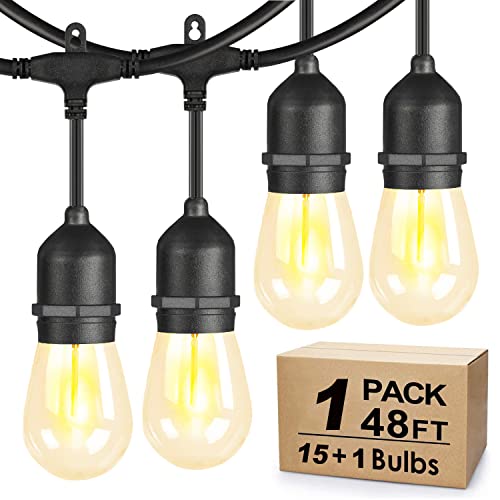 GLSbuld Outdoor String Lights, Patio String Lights with Bright 2W Shatterproof LED Bulbs for Patio, Backyard, Party, Porch, Bistro, Cafe Bar, Garden Outdoor (Plug, 48FT)