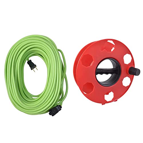 Yard Master 9940010 Outdoor Garden 120-Foot Extension Cord, Water Resistant, Durable 16 Gauge 2 Pronged, Highly Visible, 10 Amps, Lime Green & Woods E-102 Heavy Duty Cord Storage Wheel, 125-Foot