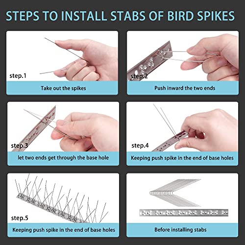 Hausse Stainless Steel Bird Spikes 10 Pack, Squirrel Small Birds Pigeons Crows and Woodpeckers Deterrent Devices Bird Repellent Spikes, Assemble Easily Covers 10 Feet for Outdoor Wall Fence