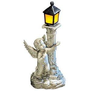 collections etc solar powered light-up lantern with cherub figurine – intricate carved details in cherub and light post displays, resin material safe for all weather, silver