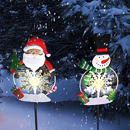 Christmas Garden Stake Decor Outdoor Solar Lights, Xmas Outdoor Decorations Pathway Light with Santa/Snowman for Garden Yard Lawn Christmas Decorations Solar Light Metal -2 Pack (Snowflake lights)