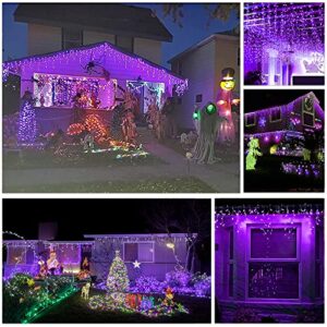 LED Icicle Christmas Lights Outdoor/Indoor 32.8ft 8 Modes Fairy Lights 60 Drops with 300 LED Perfect Ratio, Dripping Eaves Curtain Lights, for Xmas Garden Wedding Patio Party Decorations, Purple