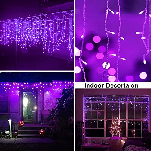 LED Icicle Christmas Lights Outdoor/Indoor 32.8ft 8 Modes Fairy Lights 60 Drops with 300 LED Perfect Ratio, Dripping Eaves Curtain Lights, for Xmas Garden Wedding Patio Party Decorations, Purple