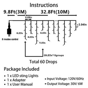 LED Icicle Christmas Lights Outdoor/Indoor 32.8ft 8 Modes Fairy Lights 60 Drops with 300 LED Perfect Ratio, Dripping Eaves Curtain Lights, for Xmas Garden Wedding Patio Party Decorations, Purple