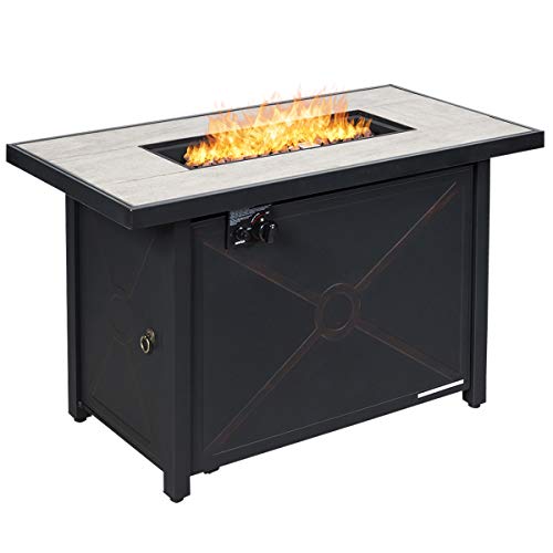 Toolsempire 42 Inch Fire Table Outdoor, 60,000 BTU Propane Gas Fire Pit Table with Ceramic Tiles Tabletop, Lid, Lava Rock, Electric Igniter & Hideaway Tank Holder, Fire Pit for Outside, Garden(Black)