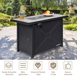 Toolsempire 42 Inch Fire Table Outdoor, 60,000 BTU Propane Gas Fire Pit Table with Ceramic Tiles Tabletop, Lid, Lava Rock, Electric Igniter & Hideaway Tank Holder, Fire Pit for Outside, Garden(Black)