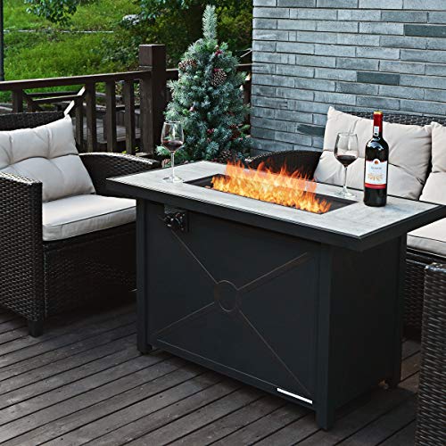 Toolsempire 42 Inch Fire Table Outdoor, 60,000 BTU Propane Gas Fire Pit Table with Ceramic Tiles Tabletop, Lid, Lava Rock, Electric Igniter & Hideaway Tank Holder, Fire Pit for Outside, Garden(Black)