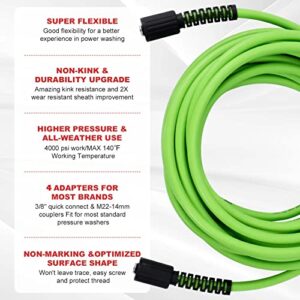 Pressure Washer Hose 1/4", Kink Free Swivel M22 14mm Thread High Pressure Replacement Hose, Flexible Extension Hose with 3/8 Quick Connect Adapters for Power Washing, 4000 PSI