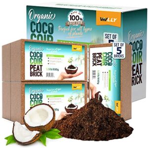 compressed coco coir, 5 pack organic coconut coir, 1.4 lbs coco coir brick, coconut soil with low ec & ph balance, coco fiber for herbs & flowers, high expansion, renewable coconut soil for planting