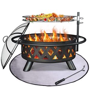 amopatio fire pit with mat & cover, 30 inch large outdoor wood burning fire pits, patio backyard firepit with steel bbq grill cooking grate, spark screen & poker for garden, bonfire, camping, picnic