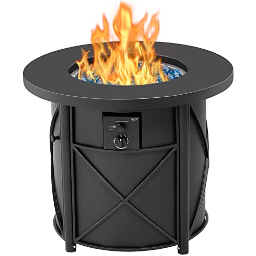 BALI OUTDOORS Gas Firepit Table 30 Inch Round Propane Fire Pit Table, 50,000 BTU Patio Furniture Table Round Fire Column with Fire Glass Cover Lid, Column FirePit for Patio, Garden, Backyard and Porch