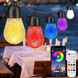 gaoxun 49ft outdoor string lights, smart rgbw patio lights with 15 dimmable ip66 waterproof bulbs, app and remote control, 8 dynamic modes, color changing led lights for party backyard balcony garden