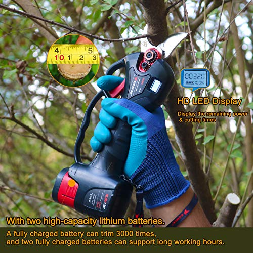 KOMOK Electric Pruning shears, Professional Cordless Battery Powered Pruning Shears Tree Branches Cutter with LED Display, 1"/25mm Cutting Diameter, 6-8 Working Hours