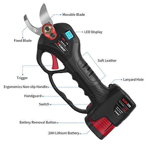 KOMOK Electric Pruning shears, Professional Cordless Battery Powered Pruning Shears Tree Branches Cutter with LED Display, 1"/25mm Cutting Diameter, 6-8 Working Hours
