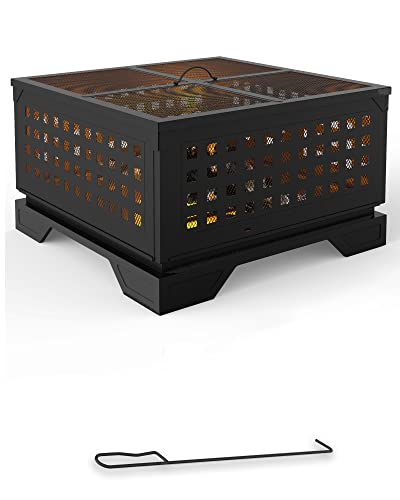 Square Fire Pit Wood Burning [Fast Heating] [Easy Assembling] [Large Flame] 21.7 Inch Outdoor Firepit with Spark Screen for Patio Garden Camping Picnic Bonfire