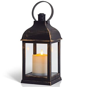 yongmao vintage lantern decorative led flickering flameless candle with timer, battery powered led decorative hanging golden brushed black lanterns for indoor outdoor garden yard home decor(1 pack)