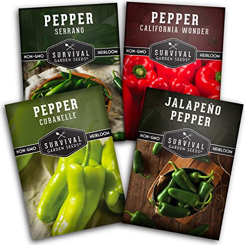 Survival Garden Seeds Pepper Collection Seed Vault - Non-GMO Heirloom Vegetable Seeds for Planting - Sweet and Hot Pepper - Jalapeño, Cayenne, California Wonder, Marconi Red Peppers