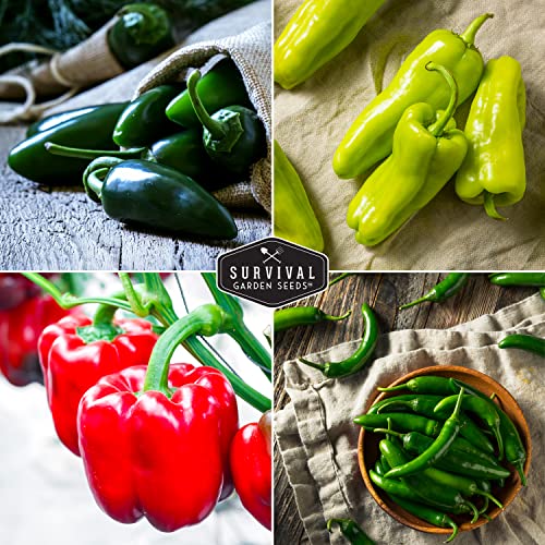 Survival Garden Seeds Pepper Collection Seed Vault - Non-GMO Heirloom Vegetable Seeds for Planting - Sweet and Hot Pepper - Jalapeño, Cayenne, California Wonder, Marconi Red Peppers