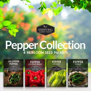 Survival Garden Seeds Pepper Collection Seed Vault - Non-GMO Heirloom Vegetable Seeds for Planting - Sweet and Hot Pepper - Jalapeño, Cayenne, California Wonder, Marconi Red Peppers