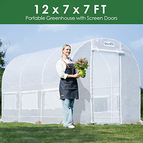 Quictent 2 Doors Reinforced PE Cover 12x7x7 FT Portable Greenhouse Large Walk-in Green Garden Hot House(White)