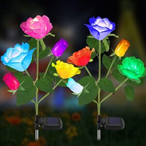 tynled solar garden lights, 7 color changing solar lights outdoor waterproof solar powered flower lights realistic rose flower lights for yard garden christmas decorations (rose-2 pack)