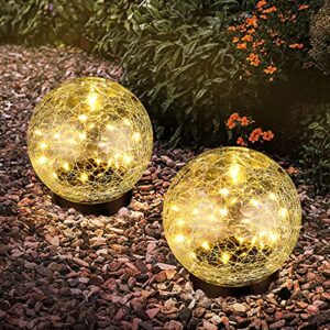 2-pack garden solar lights decorative, cracked glass solar globe lights outdoor 30 leds, waterproof ball lights for yard patio lawn pathway walkway halloween christmas outside decor, 4.72″, warm white