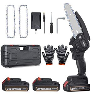mini chainsaw, o-conn cordless 6 inch handheld portable electric chainsaw with 2 batteries 2 chains, 24v battery powered with safety lock, for tree trimming branch wood cutting