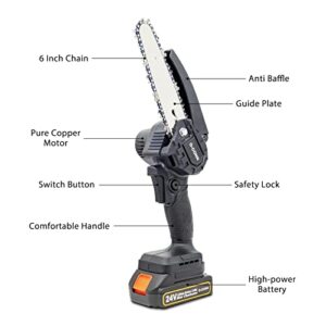 Mini Chainsaw, O-CONN Cordless 6 Inch Handheld Portable Electric Chainsaw with 2 Batteries 2 Chains, 24V Battery Powered with Safety Lock, for Tree Trimming Branch Wood Cutting