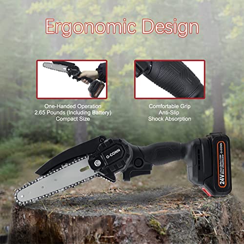 Mini Chainsaw, O-CONN Cordless 6 Inch Handheld Portable Electric Chainsaw with 2 Batteries 2 Chains, 24V Battery Powered with Safety Lock, for Tree Trimming Branch Wood Cutting