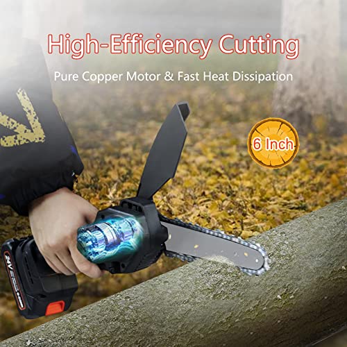 Mini Chainsaw, O-CONN Cordless 6 Inch Handheld Portable Electric Chainsaw with 2 Batteries 2 Chains, 24V Battery Powered with Safety Lock, for Tree Trimming Branch Wood Cutting