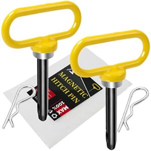 eilxmag magnetic hitch pin, lawn mower trailer hitch pins – strong heavy duty neodymium magnet trailer gate pin – for utility carts, lawn tractors – simple one handed hook on & off（yellow, 2pcs）