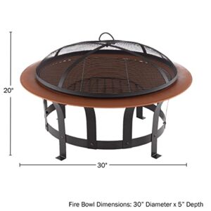 Pure Garden 50-LG1204 30” Outdoor Deep Fire Pit-Round Large Colored Steel Bowl, Mesh Spark Screen, Log Poker & Grilling Grate-Patio Wood Burning, Copper and Black